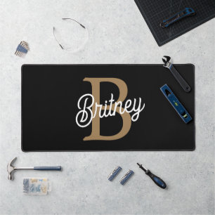 Modern Elegant Monogram Name Black Gold Script Desk Mat