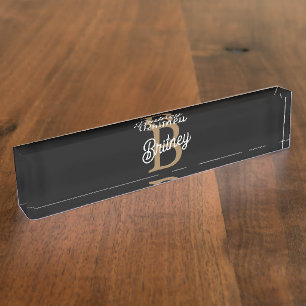 Modern Elegant Monogram Name Black Gold Script Desk Name Plate