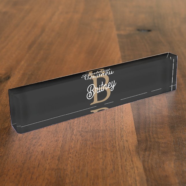 Modern Elegant Monogram Name  Black Gold Script  Desk Name Plate (Side)