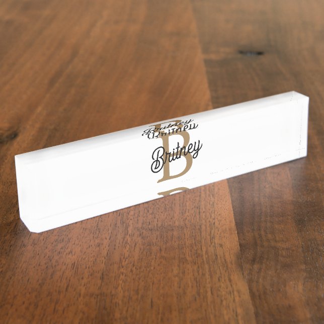 Modern Elegant Monogram Name  Black Gold Script  Desk Name Plate (Side)