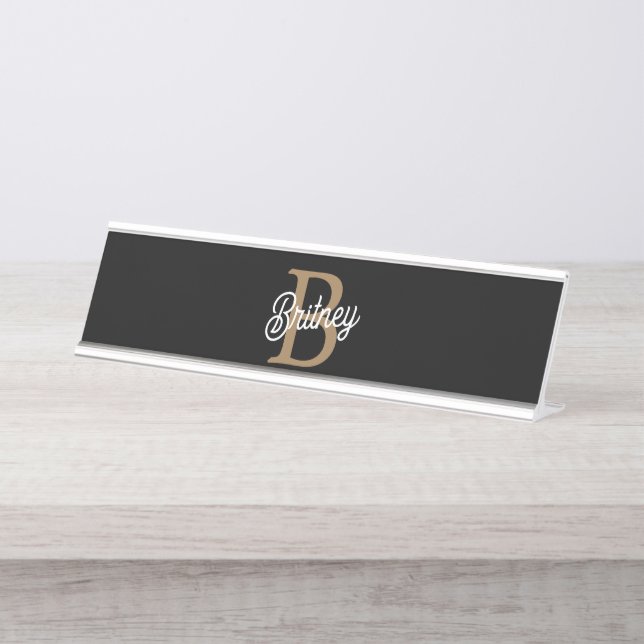 Modern Elegant Monogram Name  Black Gold Script  Desk Name Plate (Front)