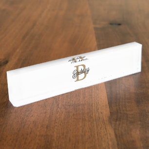 Modern Elegant Monogram Name Black Gold Script Desk Name Plate