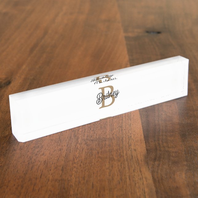 Modern Elegant Monogram Name  Black Gold Script  Desk Name Plate (Side)