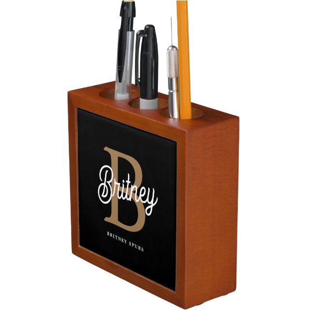 Modern Elegant Monogram Name Black Gold Script Desk Organizer (In Situ)