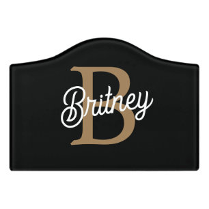 Modern Elegant Monogram Name  Black Gold Script  Door Sign