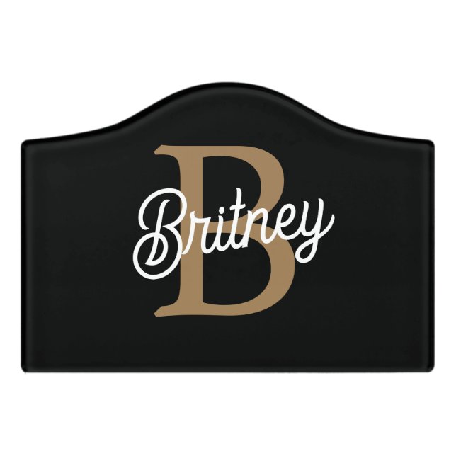 Modern Elegant Monogram Name  Black Gold Script  Door Sign (Small Crest Front)