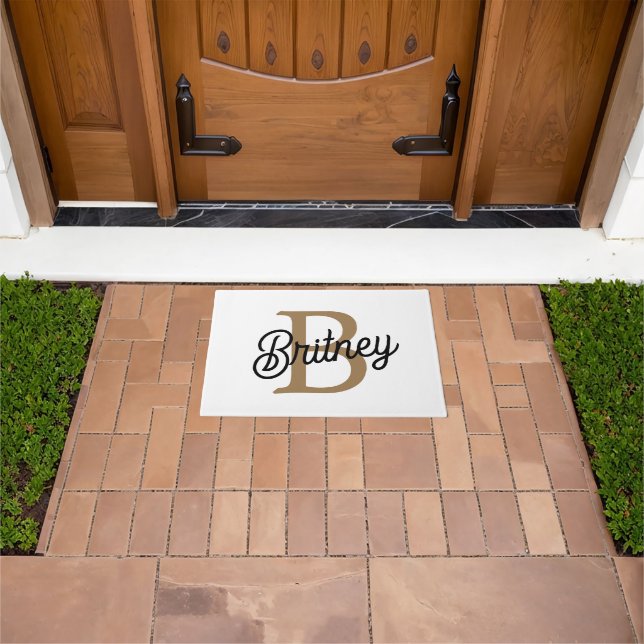 Modern Elegant Monogram Name  Black Gold Script  Doormat (Outdoor)