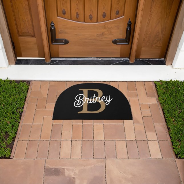 Modern Elegant Monogram Name  Black Gold Script  Doormat (Outdoor)