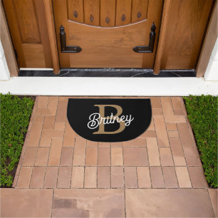 Modern Elegant Monogram Name Black Gold Script Doormat