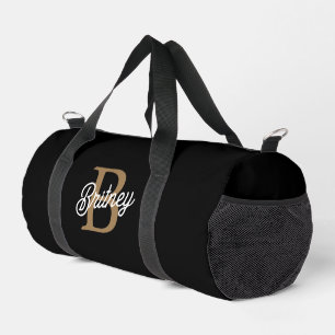 Modern Elegant Monogram Name Black Gold Script Duffle Bag
