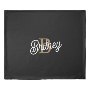 Modern Elegant Monogram Name Black Gold Script Duvet Cover