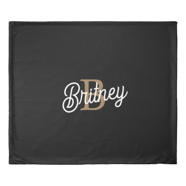 Modern Elegant Monogram Name  Black Gold Script  Duvet Cover (Front)