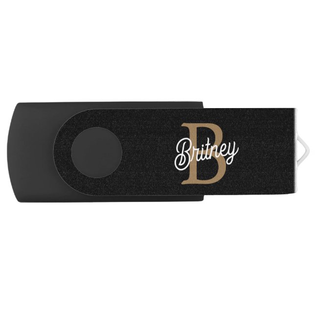 Modern Elegant Monogram Name  Black Gold Script  Flash Drive (Front)