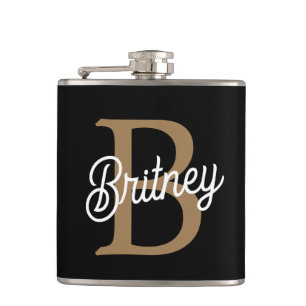 Modern Elegant Monogram Name  Black Gold Script  Flask
