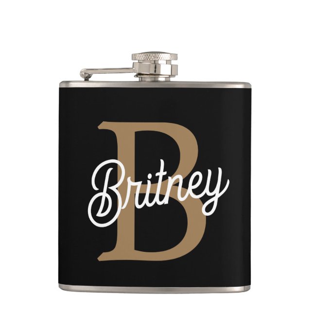 Modern Elegant Monogram Name  Black Gold Script  Flask (Front)