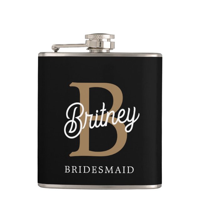 Modern Elegant Monogram Name  Black Gold Script  Flask (Front)