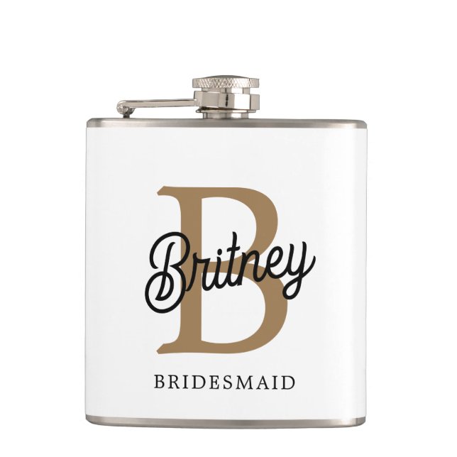 Modern Elegant Monogram Name  Black Gold Script  Flask (Front)