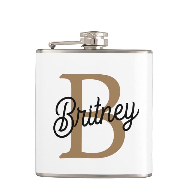 Modern Elegant Monogram Name  Black Gold Script  Flask (Front)