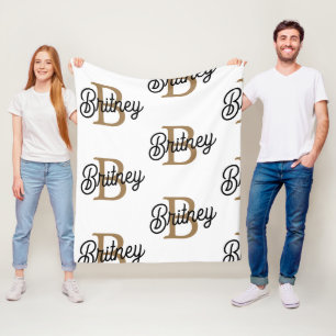Modern Elegant Monogram Name Black Gold Script Fleece Blanket