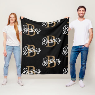 Modern Elegant Monogram Name  Black Gold Script  Fleece Blanket
