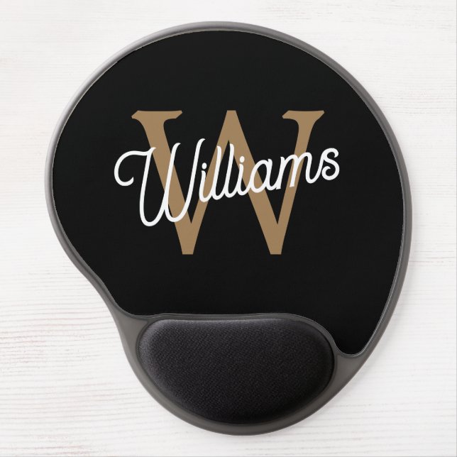 Modern Elegant Monogram Name  Black Gold Script  Gel Mouse Pad (Front)