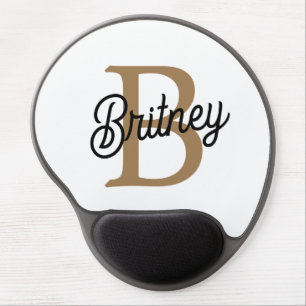 Modern Elegant Monogram Name Black Gold Script Gel Mouse Pad