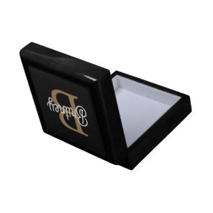Modern Elegant Monogram Name  Black Gold Script  Gift Box