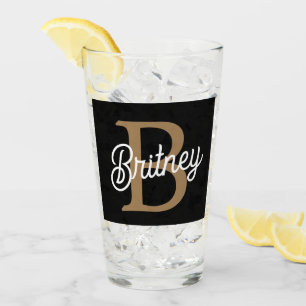 Modern Elegant Monogram Name Black Gold Script Glass
