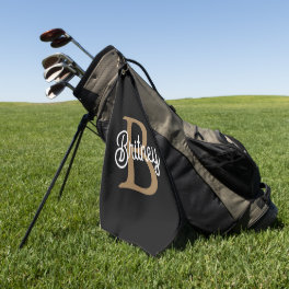 Modern Elegant Monogram Name Black Gold Script Golf Towel