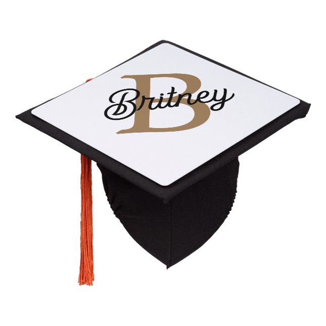 Modern Elegant Monogram Name  Black Gold Script  Graduation Cap Topper (Angled)
