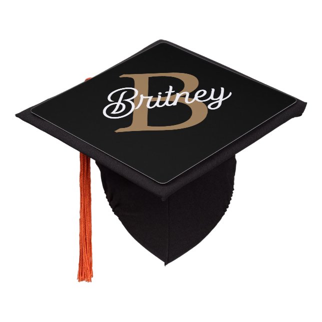 Modern Elegant Monogram Name  Black Gold Script  Graduation Cap Topper (Angled)