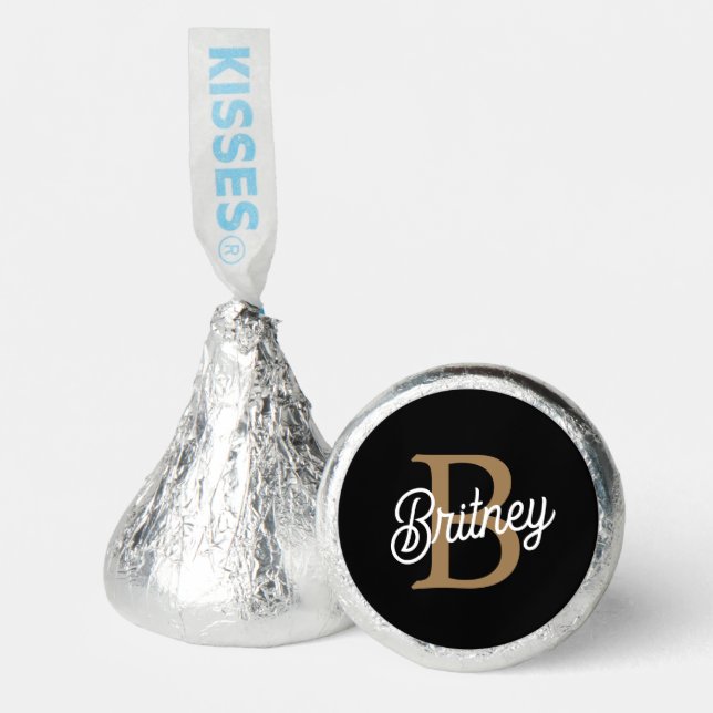 Modern Elegant Monogram Name  Black Gold Script  Hershey®'s Kisses® (Front)