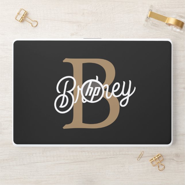 Modern Elegant Monogram Name  Black Gold Script  HP Laptop Skin (Desk)