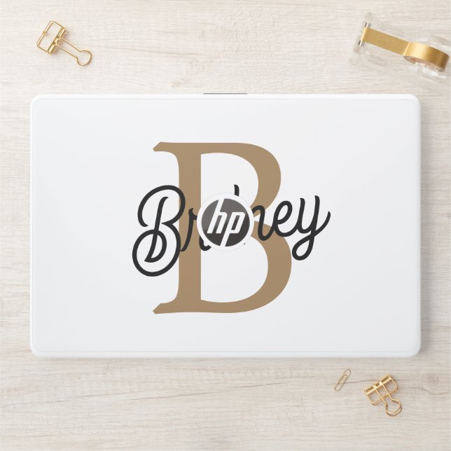Modern Elegant Monogram Name  Black Gold Script  HP Laptop Skin (Desk)