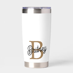 Modern Elegant Monogram Name  Black Gold Script  Insulated Tumbler