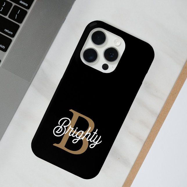 Modern Elegant Monogram Name  Black Gold Script  Iphone Case (Creator Uploaded)