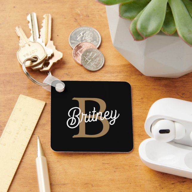Modern Elegant Monogram Name  Black Gold Script  Keychain (Desk)
