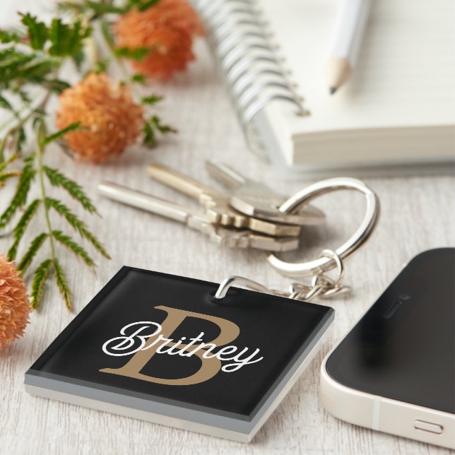 Modern Elegant Monogram Name  Black Gold Script  Keychain (Front Right)