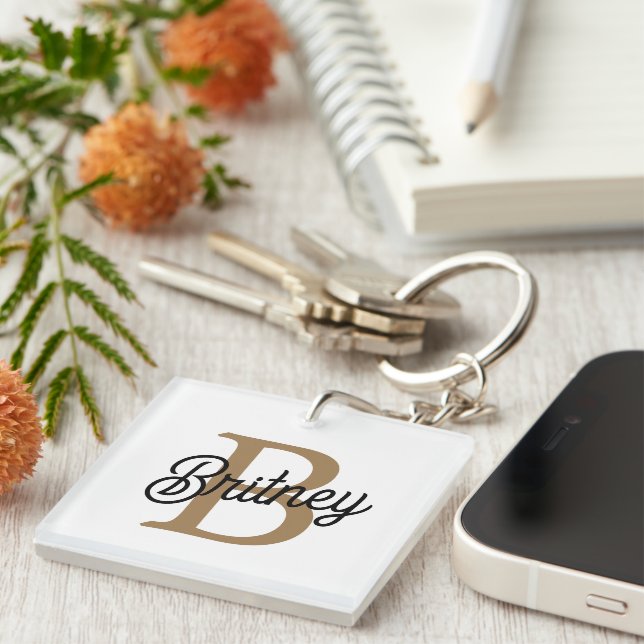 Modern Elegant Monogram Name  Black Gold Script  Keychain (Front Right)