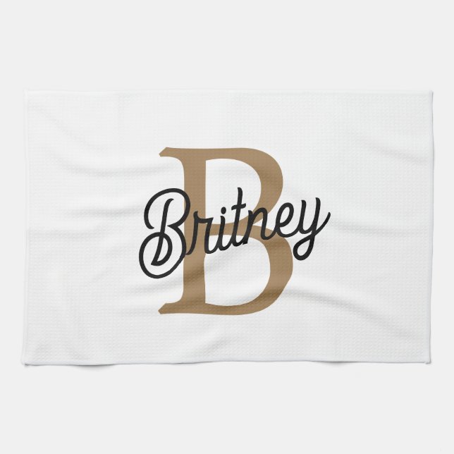 Modern Elegant Monogram Name  Black Gold Script  Kitchen Towel (Horizontal)
