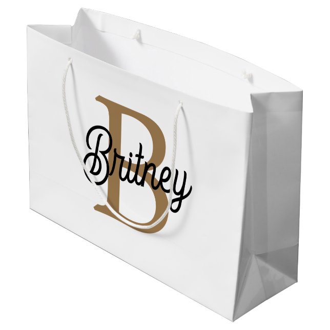 Modern Elegant Monogram Name  Black Gold Script  Large Gift Bag (Back Angled)