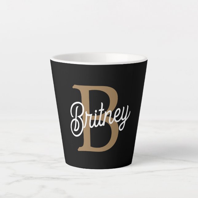 Modern Elegant Monogram Name  Black Gold Script  Latte Mug (Front)