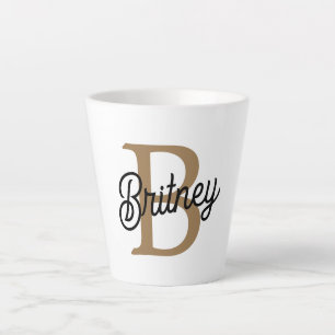Modern Elegant Monogram Name  Black Gold Script  Latte Mug