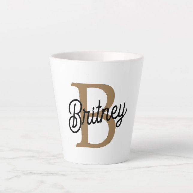 Modern Elegant Monogram Name  Black Gold Script  Latte Mug (Front)