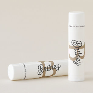 Modern Elegant Monogram Name  Black Gold Script  Lip Balm