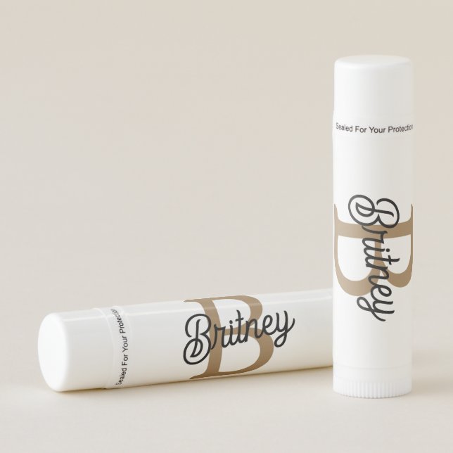 Modern Elegant Monogram Name  Black Gold Script  Lip Balm (Front)
