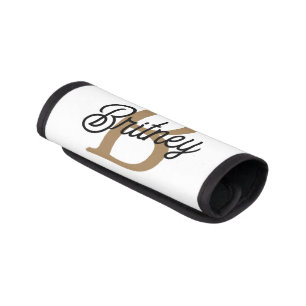 Modern Elegant Monogram Name Black Gold Script Luggage Handle Wrap