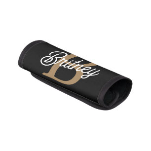 Modern Elegant Monogram Name Black Gold Script Luggage Handle Wrap