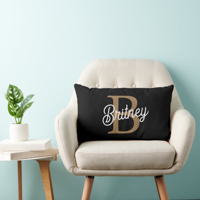 Modern Elegant Monogram Name  Black Gold Script  Lumbar Pillow (Chair)
