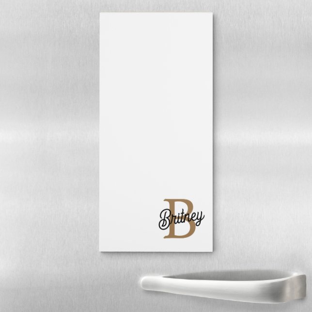 Modern Elegant Monogram Name  Black Gold Script  Magnetic Notepad (In Situ)